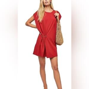 Free People $99 Boho Retro Hardware Shift Mini Dress Brick Red Cotton Medium M1